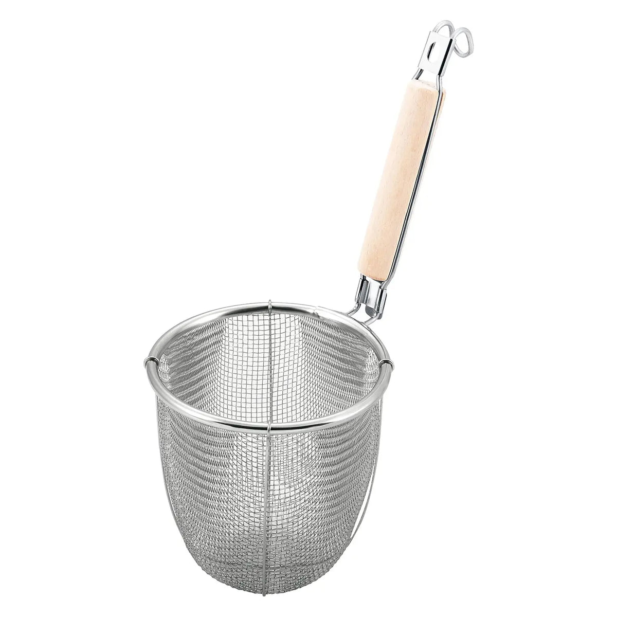 MINEX Stainless Steel Udon Tebo Noodle Strainer Round Base with Plain Wooden Handle