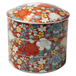 Seikou Kutani Porcelain 3-Tier Jubako Box Hanazume Red