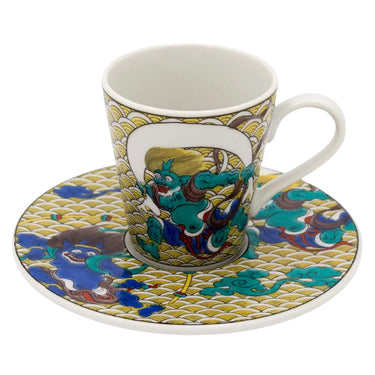 Seikou Kutani Porcelain Demitasse Cup & Saucer Fuujin-Raijin