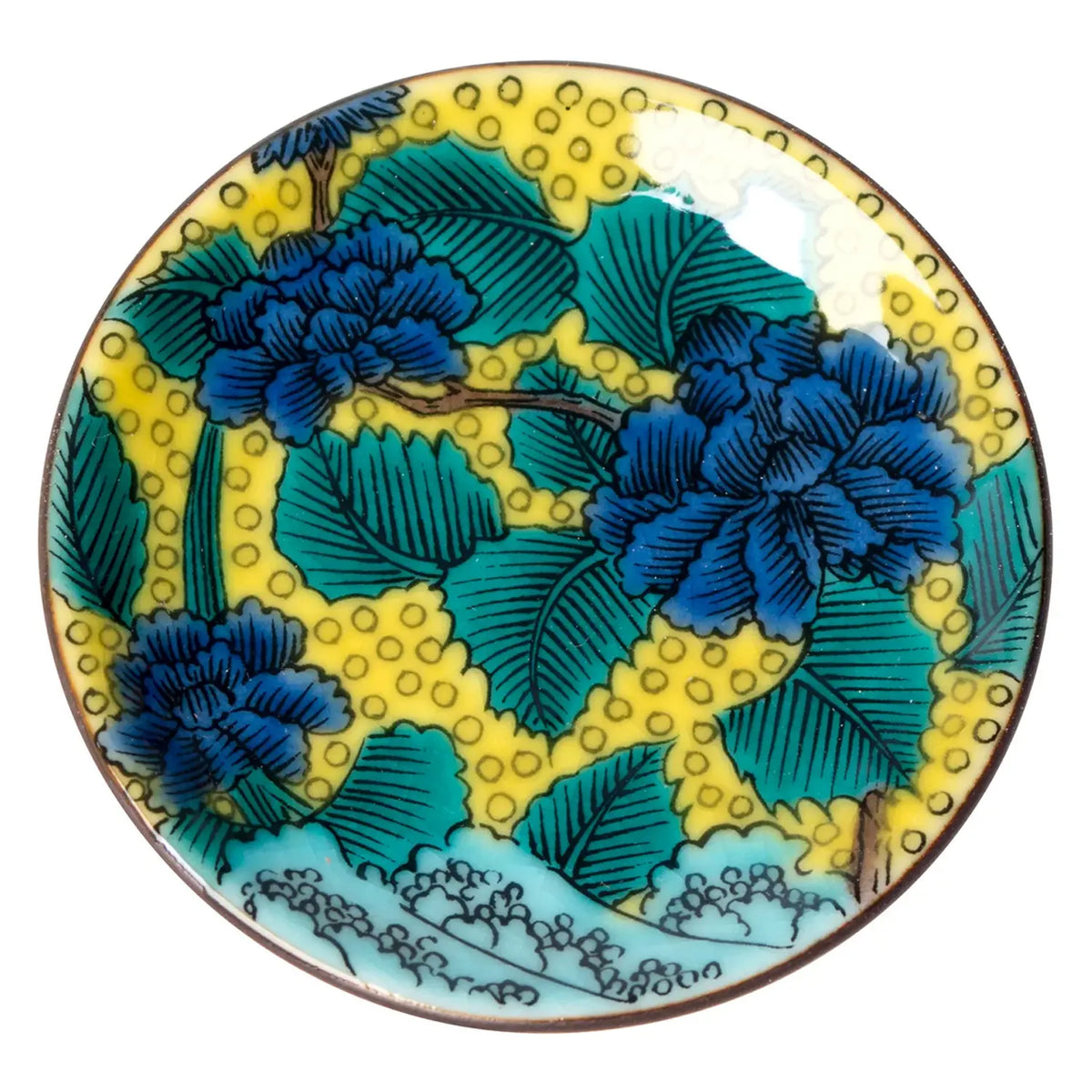 SEIKOU Kutani Porcelain Himezara Tiny Plate Aodedoha-ni-Botanzu