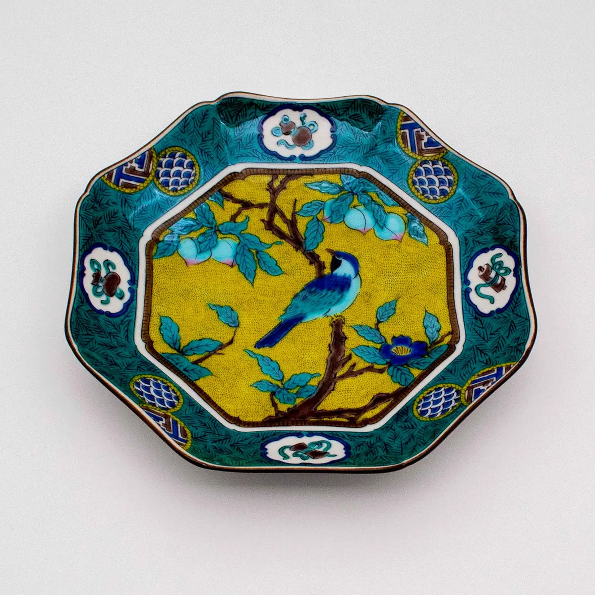 SEIKOU Kutani Porcelain Plate Yoshidayafu-Momo-ni-Tori 15.5cm 5 pcs