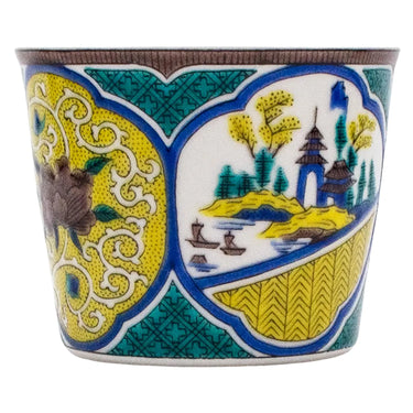 Seikou Kutani Porcelain Soba Choko Cup Yoshidaya-Sansuibotan-Karakusamon