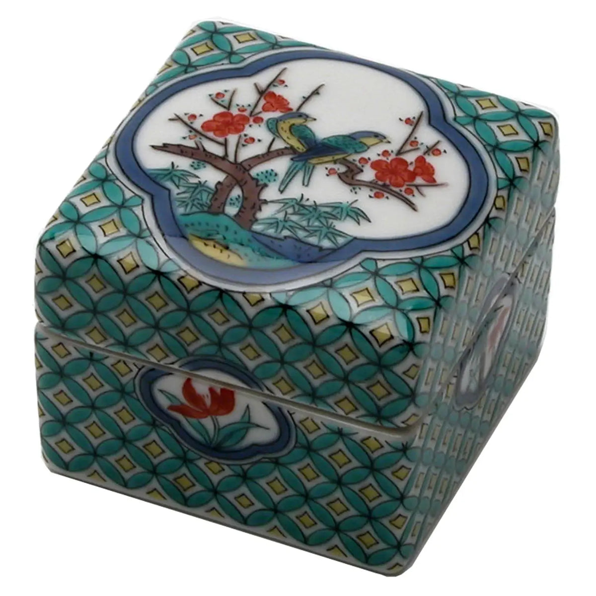 SEIKOU SAI Kutani Porcelain Jubako Box Komon-Kachouzu