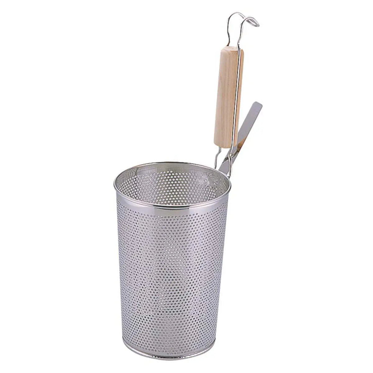 YUKIWA Stainless Steel Perforated Deep Tebo Noodle Strainer Flat Base with Wooden Handle