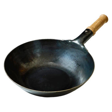 Yamada Hammered Iron Flat Bottom Wok with Wooden Handle 1.2mm