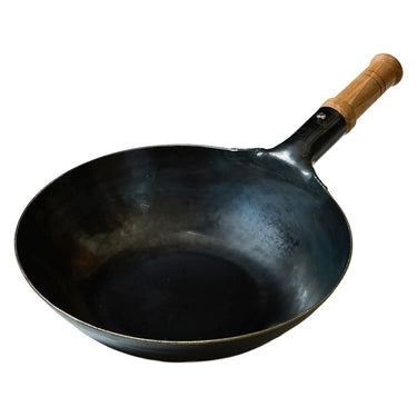 Yamada Hammered Iron Induction Flat Bottom Wok with Wooden Handle 2.3mm