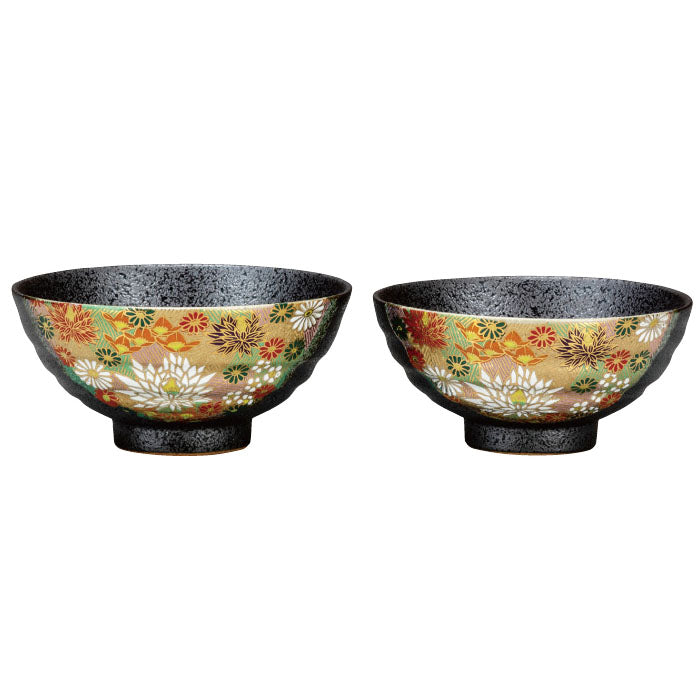 Kutani Ware Hanazume Gold Floral Paired Rice Bowls