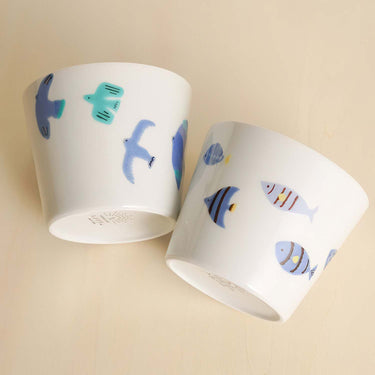 Harekutani Porcelain Blue Bird Fish Cup Set (2 Cups)