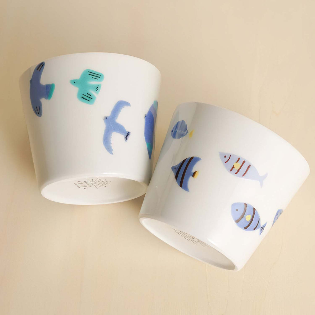 HAREKUTANI Porcelain Blue Bird Fish Cup Set (2 Cups)