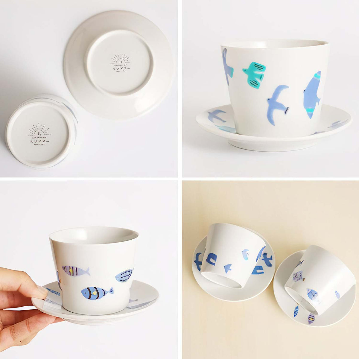HAREKUTANI Porcelain Blue Fish Cup &amp; Saucer