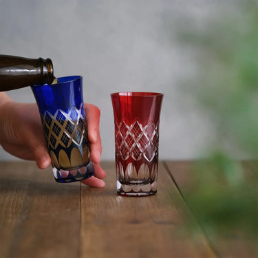 Kimoto Glass Tokyo Edo Kiriko Pair Beer Glass Layered Yarai