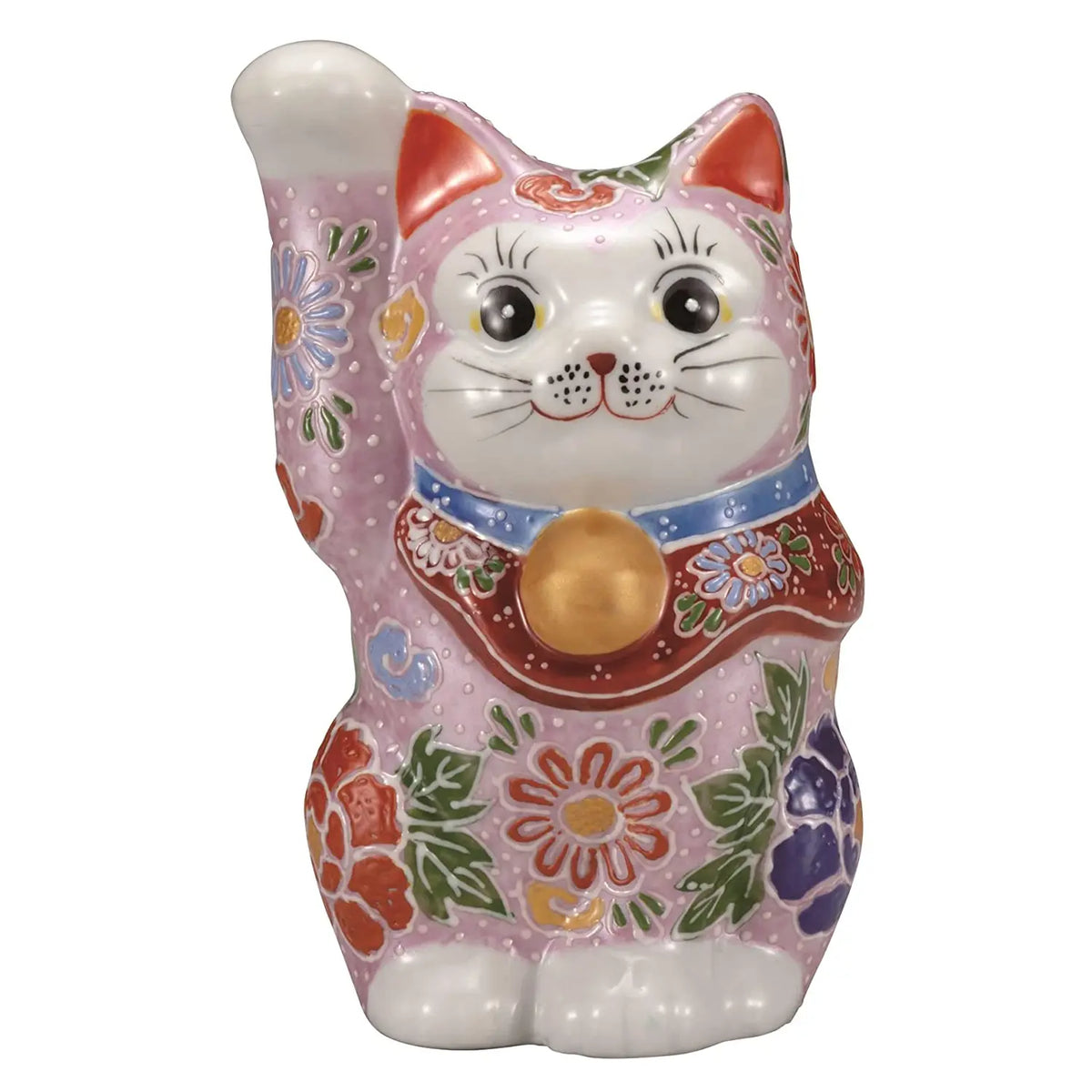 Kutani Ware Porcelain Maneki Neko Figurine Flowers Pink 4.8-Go