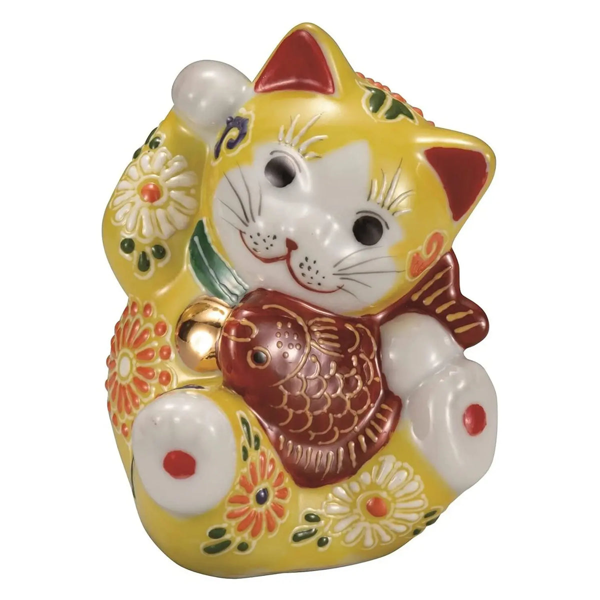 Kutani Ware Porcelain Maneki Neko Figurine Flowers Yellow 3.8-Go