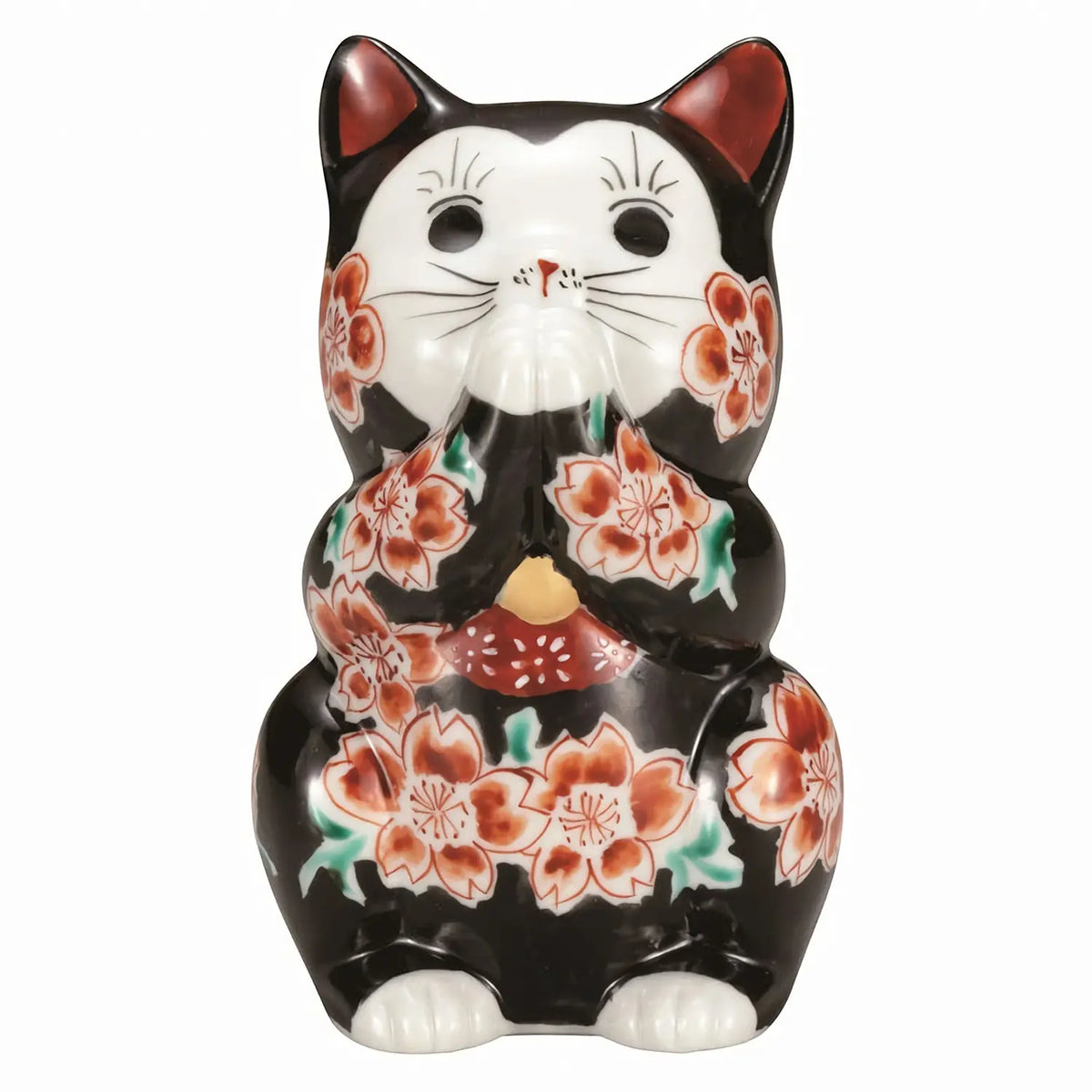 Kutani Ware Porcelain Praying Cat Figurine Sakura Black 3.8-Go