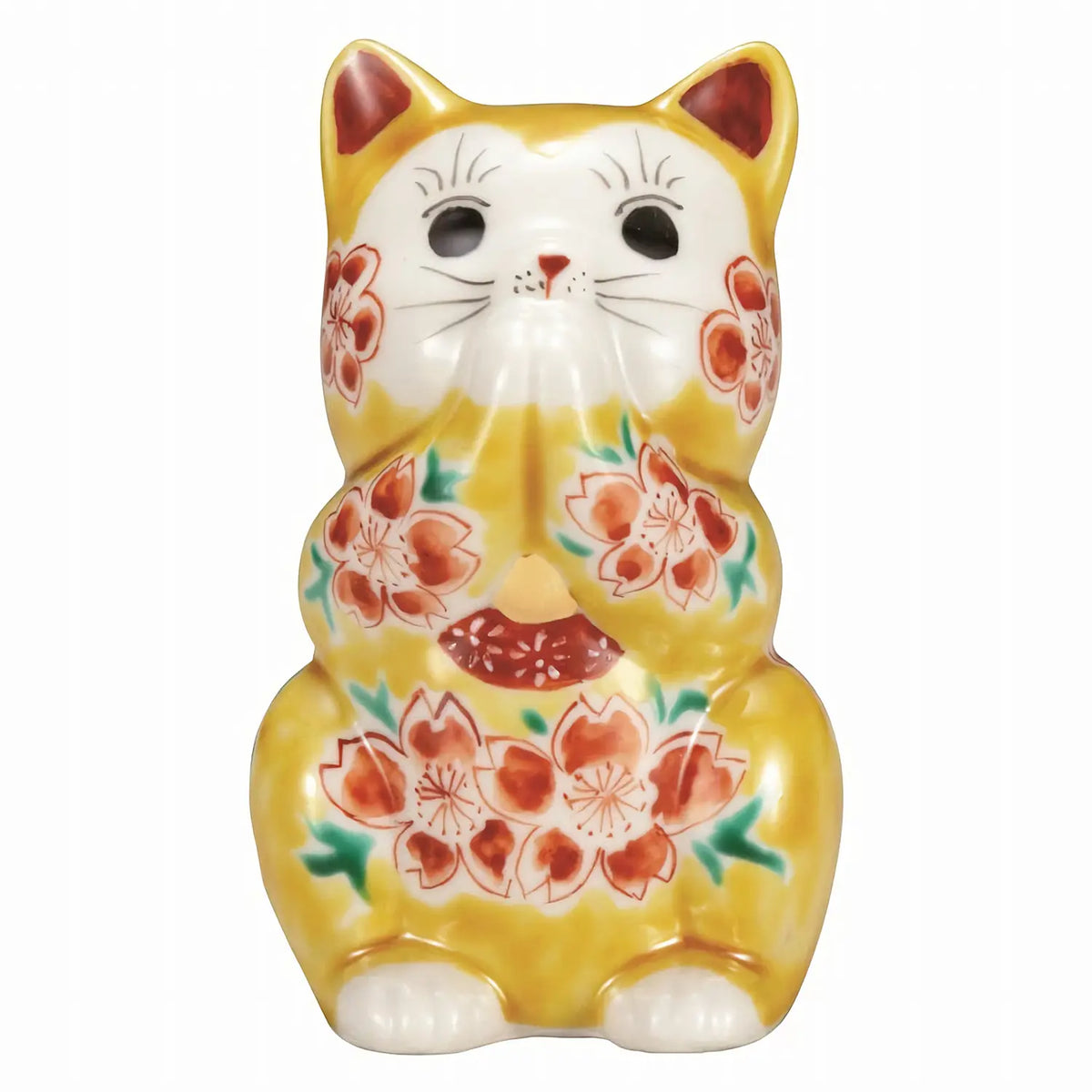 Kutani Ware Porcelain Praying Cat Figurine Sakura Yellow 3.2-Go