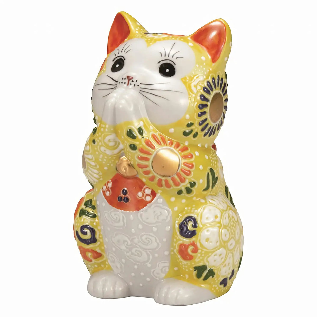 Kutani Ware Porcelain Praying Cat Figurine Yellow 3.8-Go