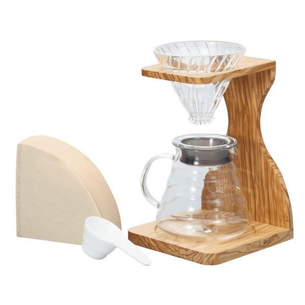 Hario V60 Olive Wood Stand & Heat Resistant Glass Coffee Server 02